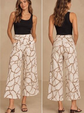 Maeve by Anthropologie High-Rise Wide Leg Chain Print Pants - Cream